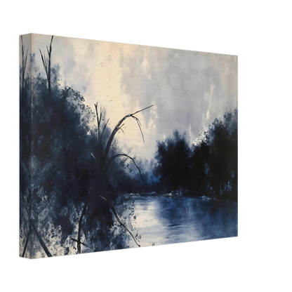 Blue river flows between dark trees beneath a pale cloudy sky in a moody woodland scene.