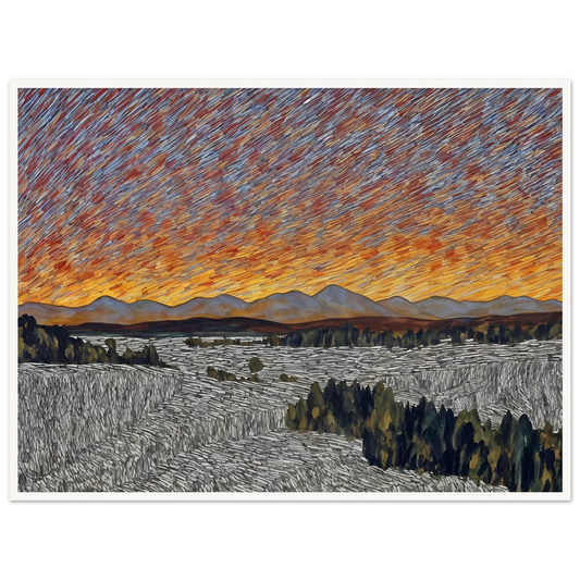 Vibrant orange sunset over distant mountains with textured sky and patterned fields in the foreground.