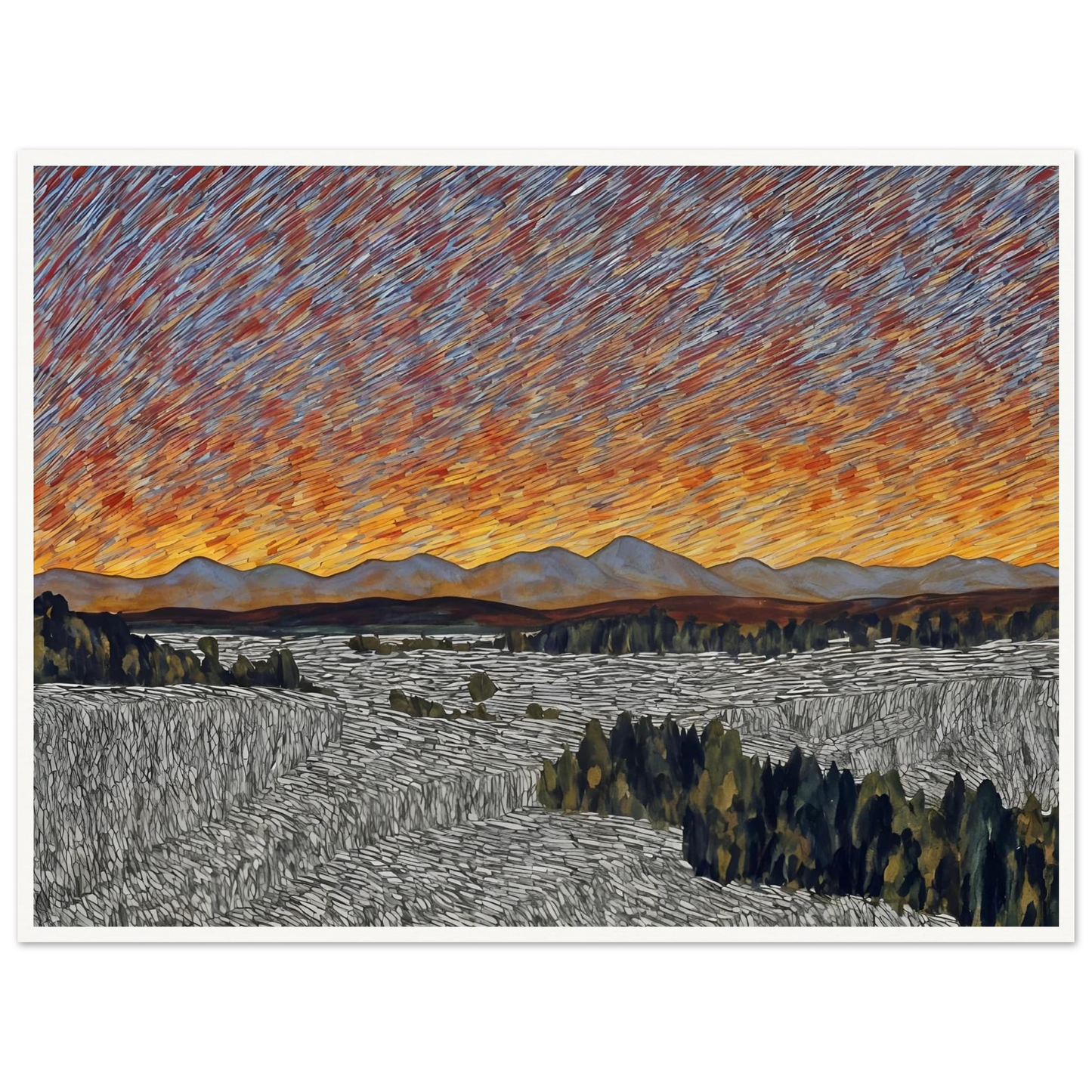 Vibrant orange sunset over distant mountains with textured sky and patterned fields in the foreground.
