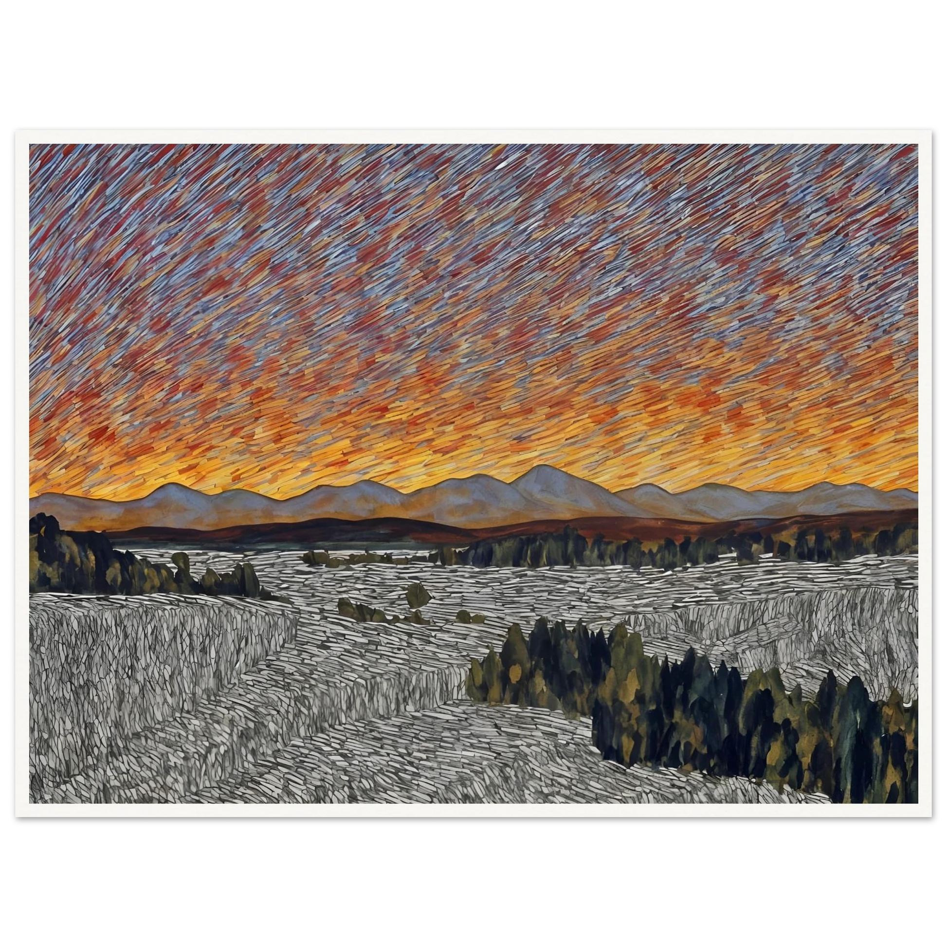 Vibrant orange sunset over distant mountains with textured sky and patterned fields in the foreground.