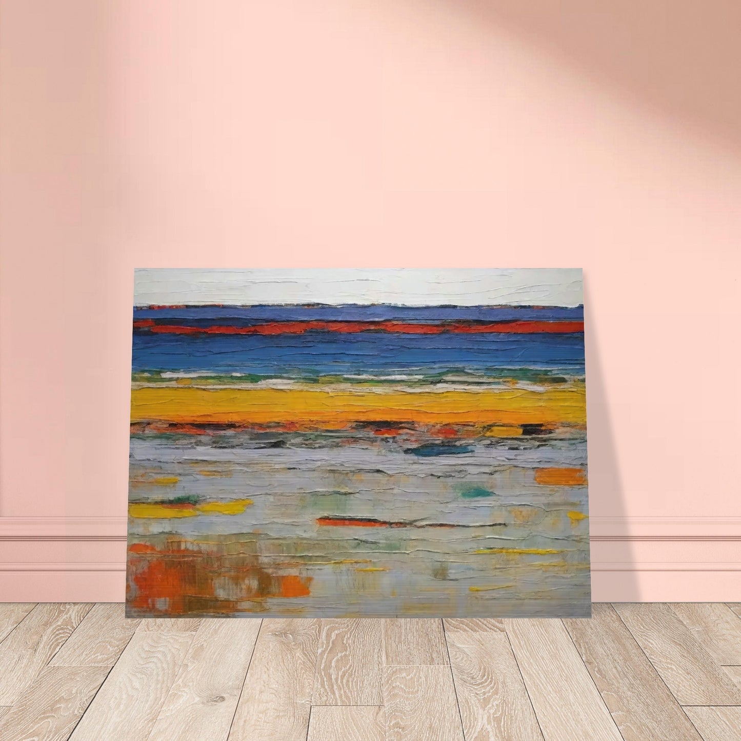 An abstract painting featuring horizontal layers of vibrant colors, including deep blues, bright yellows, and muted grays. The textured brushstrokes create a sense of depth and movement, evoking the appearance of layered landscapes or geological strata.