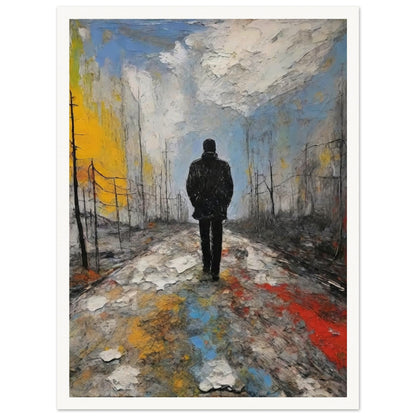 A lone figure in a dark coat walks along a desolate, colorful path under a cloudy sky, evoking a sense of solitude and reflection.