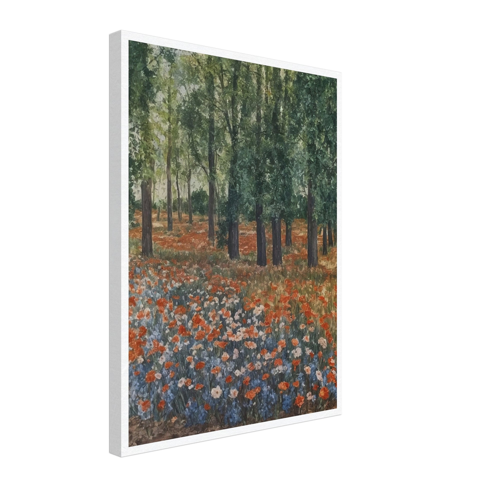 "A tranquil landscape with vibrant orange and blue wildflowers blooming under tall trees, evoking the peacefulness of a forest meadow."