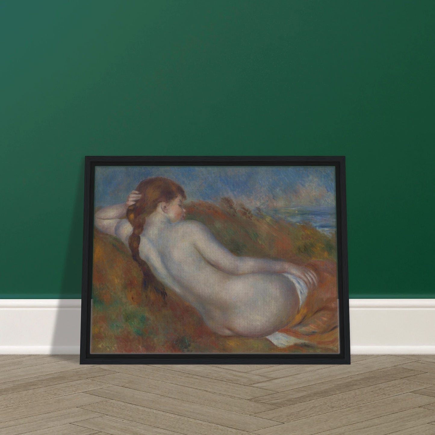 Reclining nude figure with braided hair rests in a soft landscape near the sea