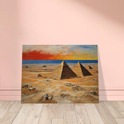 "A dramatic painting of the pyramids in Egypt, set against a vibrant sunset sky with rich shades of red, orange, and blue, highlighting the vast desert landscape."