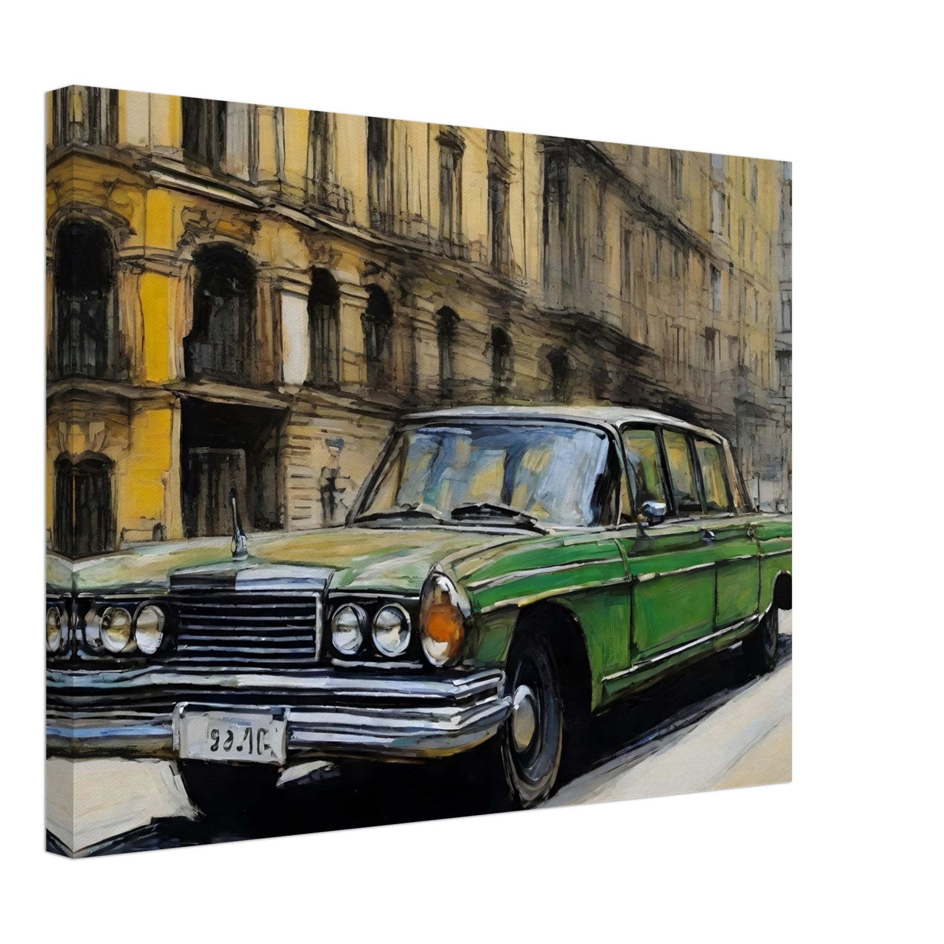 A striking painting of a green vintage car parked on a city street, surrounded by historic yellow buildings with intricate details.