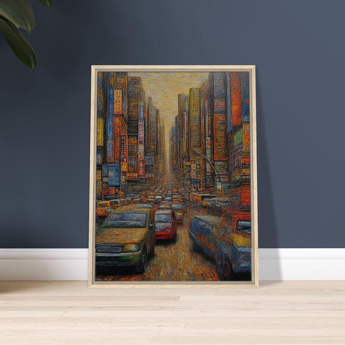 "A detailed painting of a busy urban street filled with cars and surrounded by towering skyscrapers, neon signs, and a warm, hazy sky overhead."