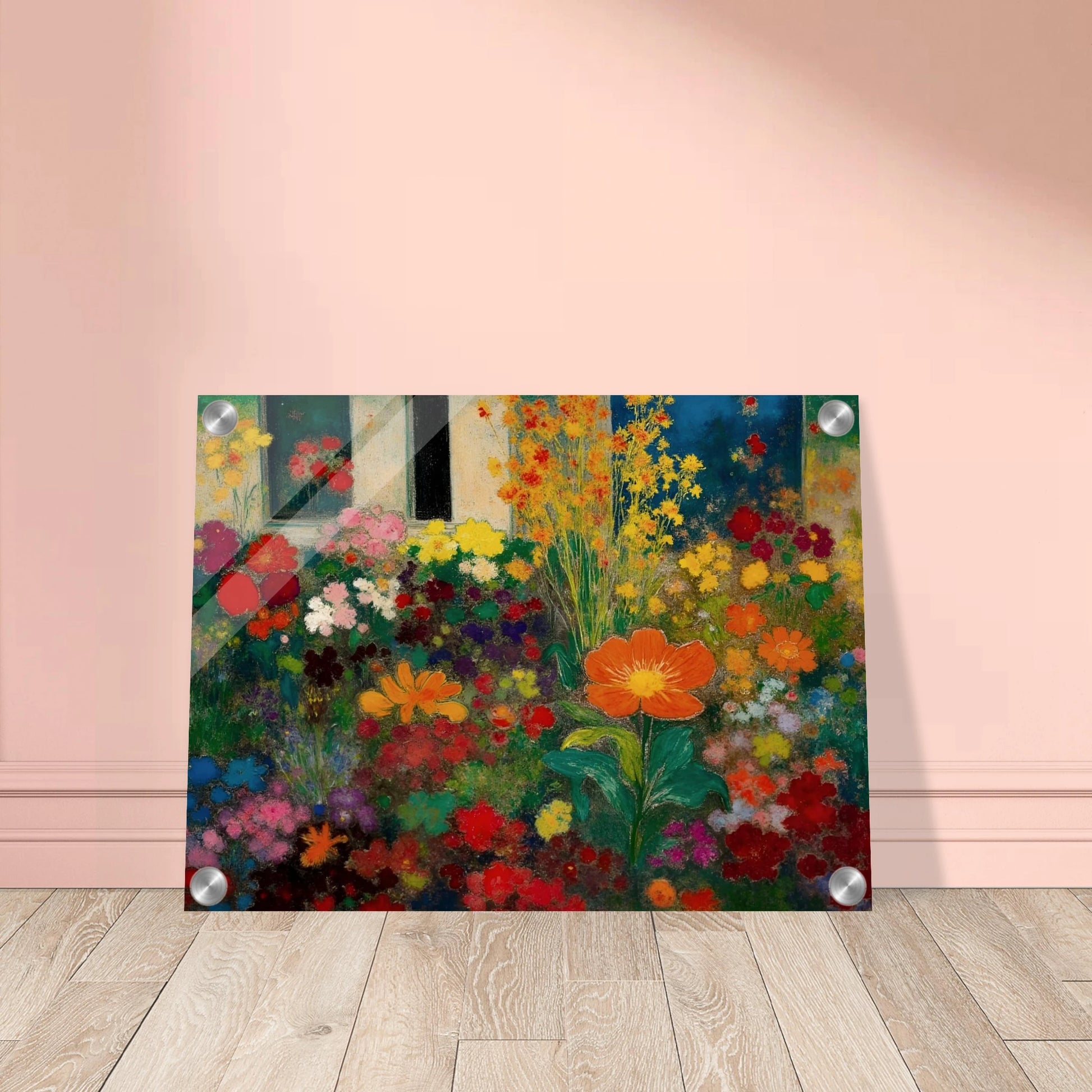 Colorful garden blooms gather before a blue door and window, led by a bright orange flower.