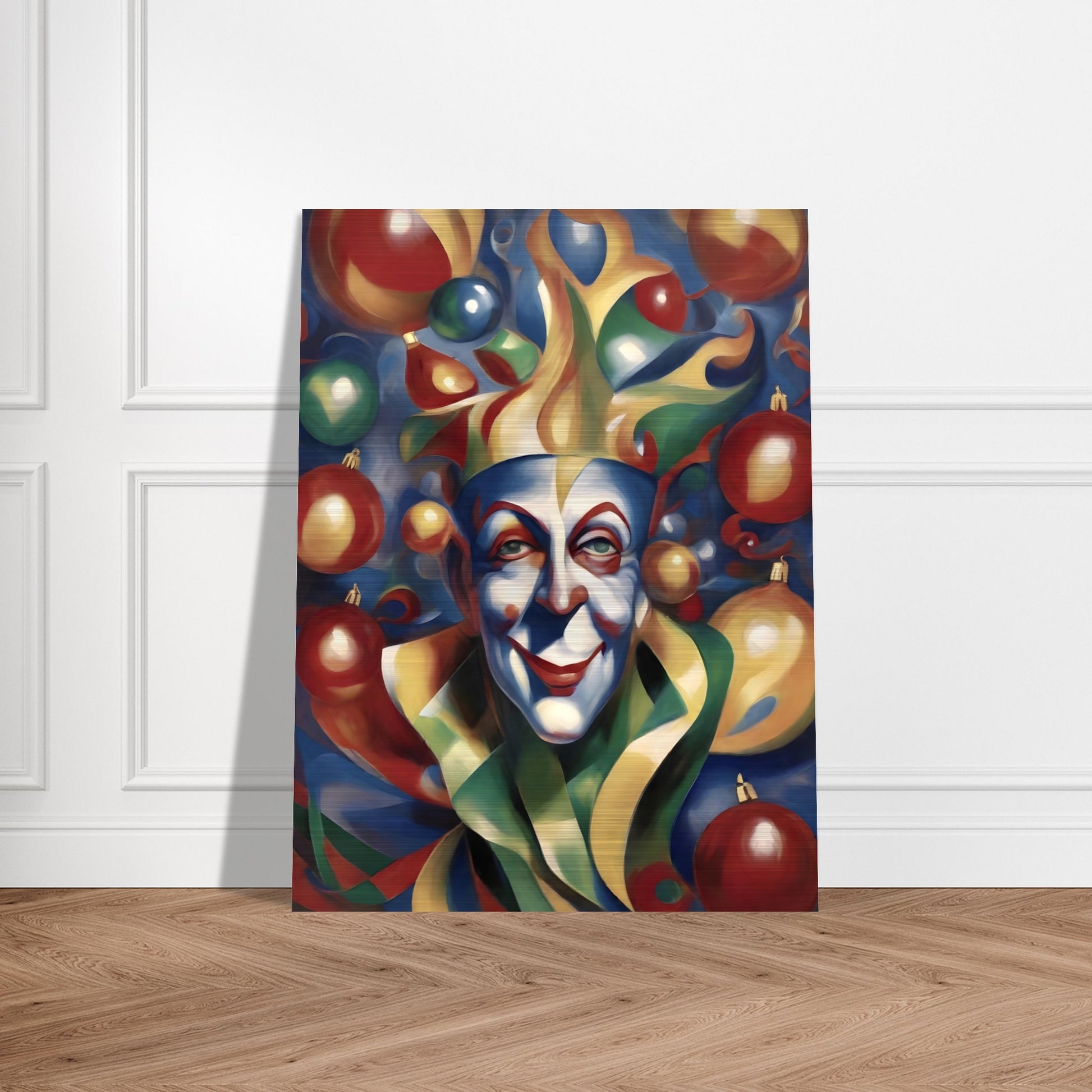 A vibrant painting of a whimsical jester with colorful face paint, surrounded by festive ornaments in red, gold, green, and blue hues.