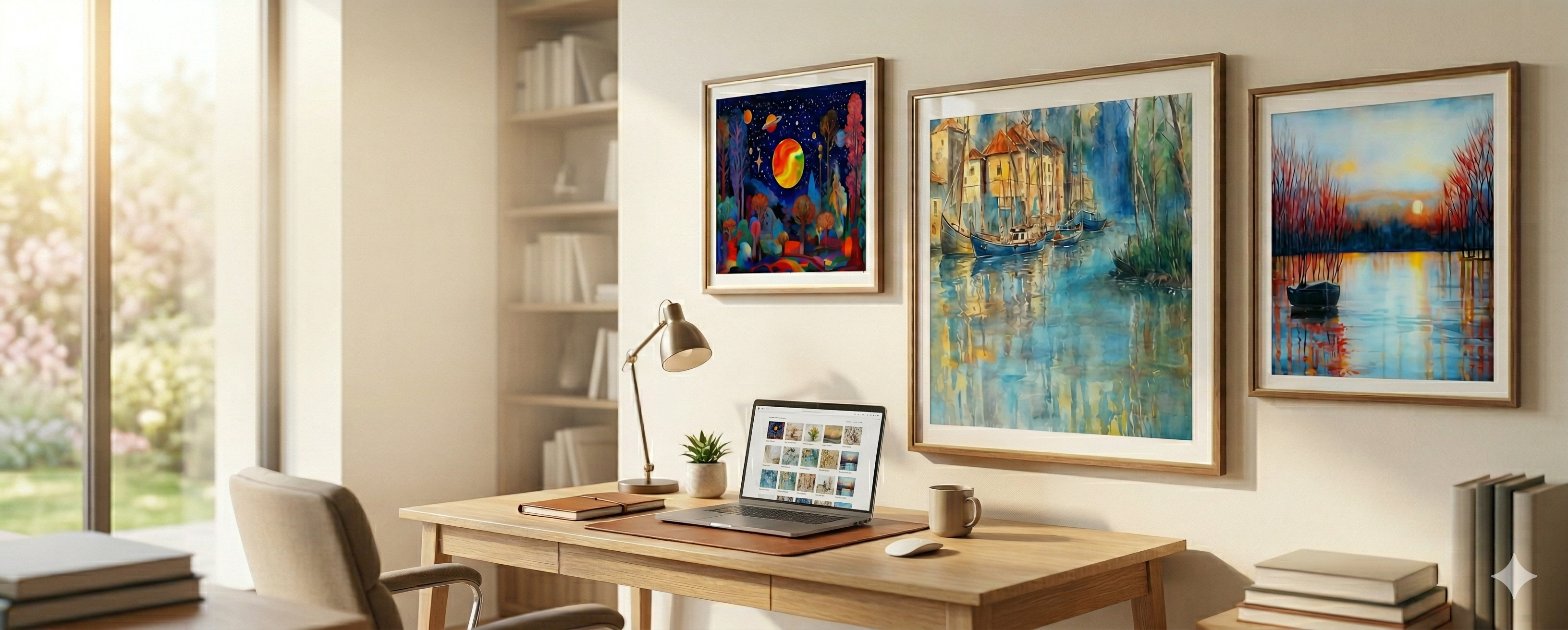 A wide-angle photograph of a sunlit home office desk with an open laptop and other essentials. Above the desk, a collection of three distinct framed pieces of wall art is prominently displayed on the beige wall. The left-most piece of wall art is a vibrant, fantastical abstract landscape with colorful planets and a night sky. The central, larger piece of wall art is a classic, expressive watercolor painting of a European waterfront city with detailed buildings and boats. The right-most piece of 