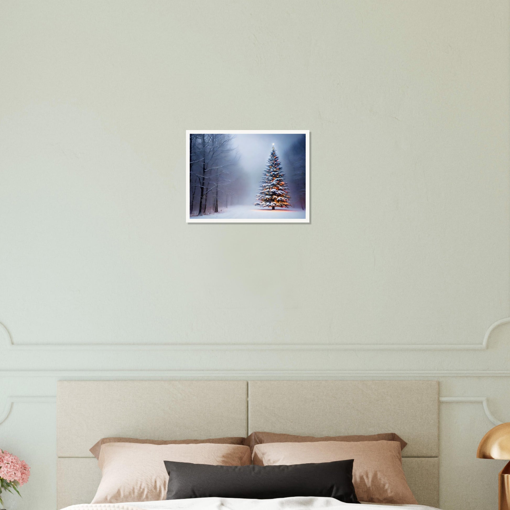 A snow-covered Christmas tree glowing with warm lights, standing alone in a misty winter forest, surrounded by frosted trees and soft light.

