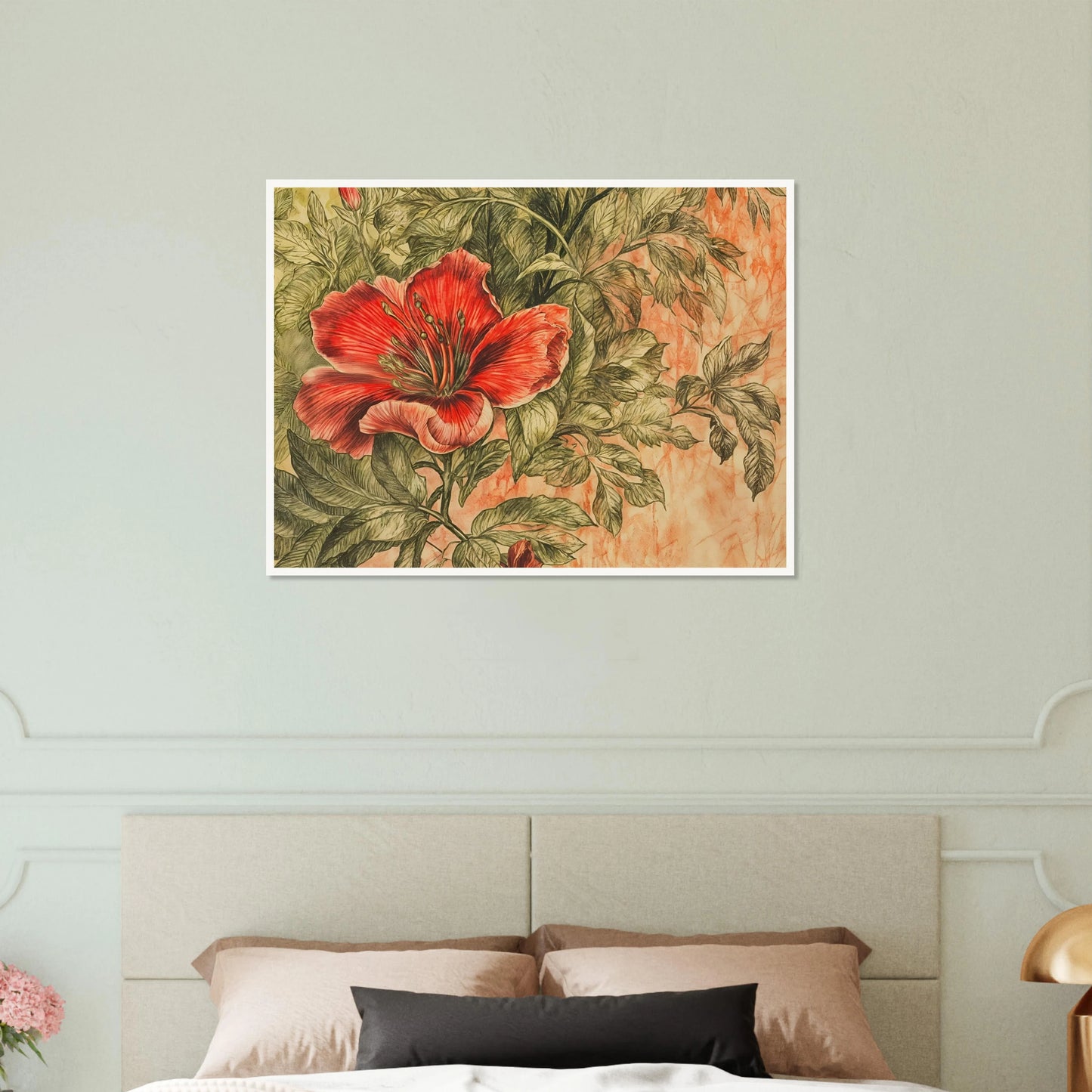 A richly detailed crimson flower blossoms among intricate green foliage against a soft peach-toned background.