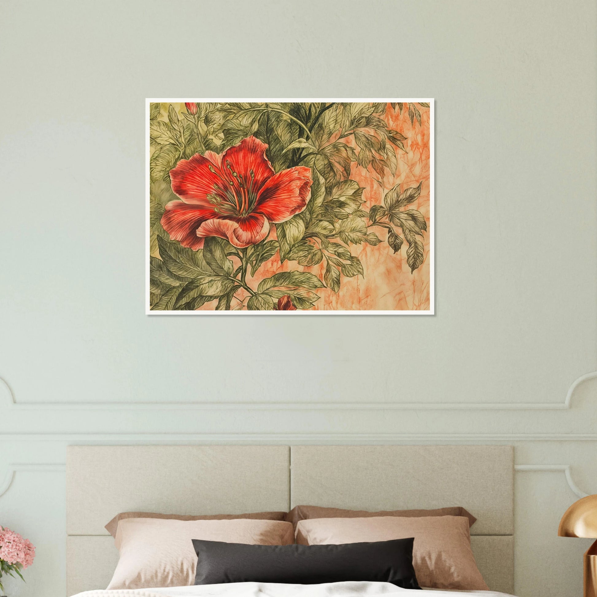 A richly detailed crimson flower blossoms among intricate green foliage against a soft peach-toned background.