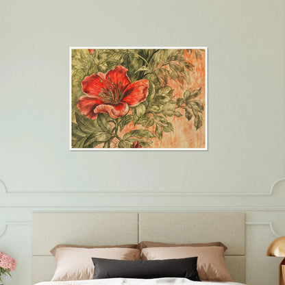 A richly detailed crimson flower blossoms among intricate green foliage against a soft peach-toned background.
