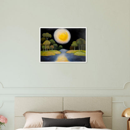 A dreamlike night scene featuring a glowing golden moon over a calm river, surrounded by lush green trees on rolling islands, reflecting a soft celestial light.