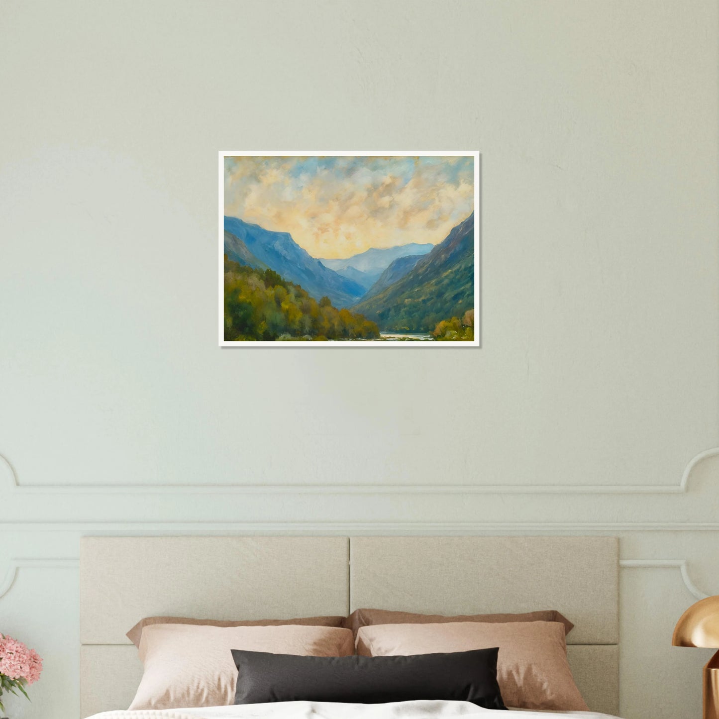 Peaceful mountain valley scene with layered blue ridges, autumn foliage, and a cloudy golden sky.