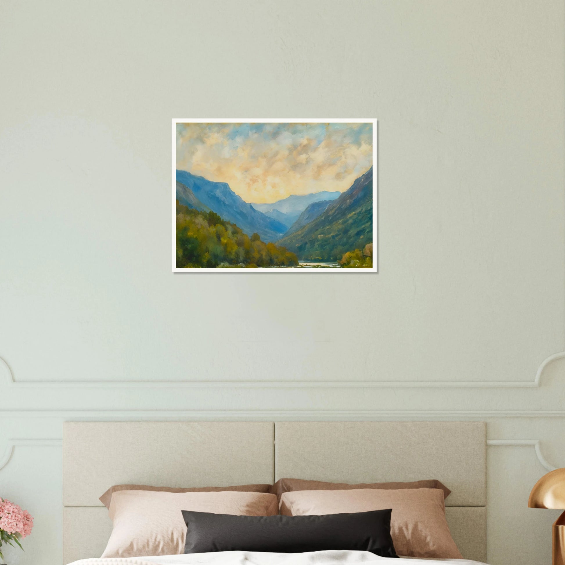 Peaceful mountain valley scene with layered blue ridges, autumn foliage, and a cloudy golden sky.