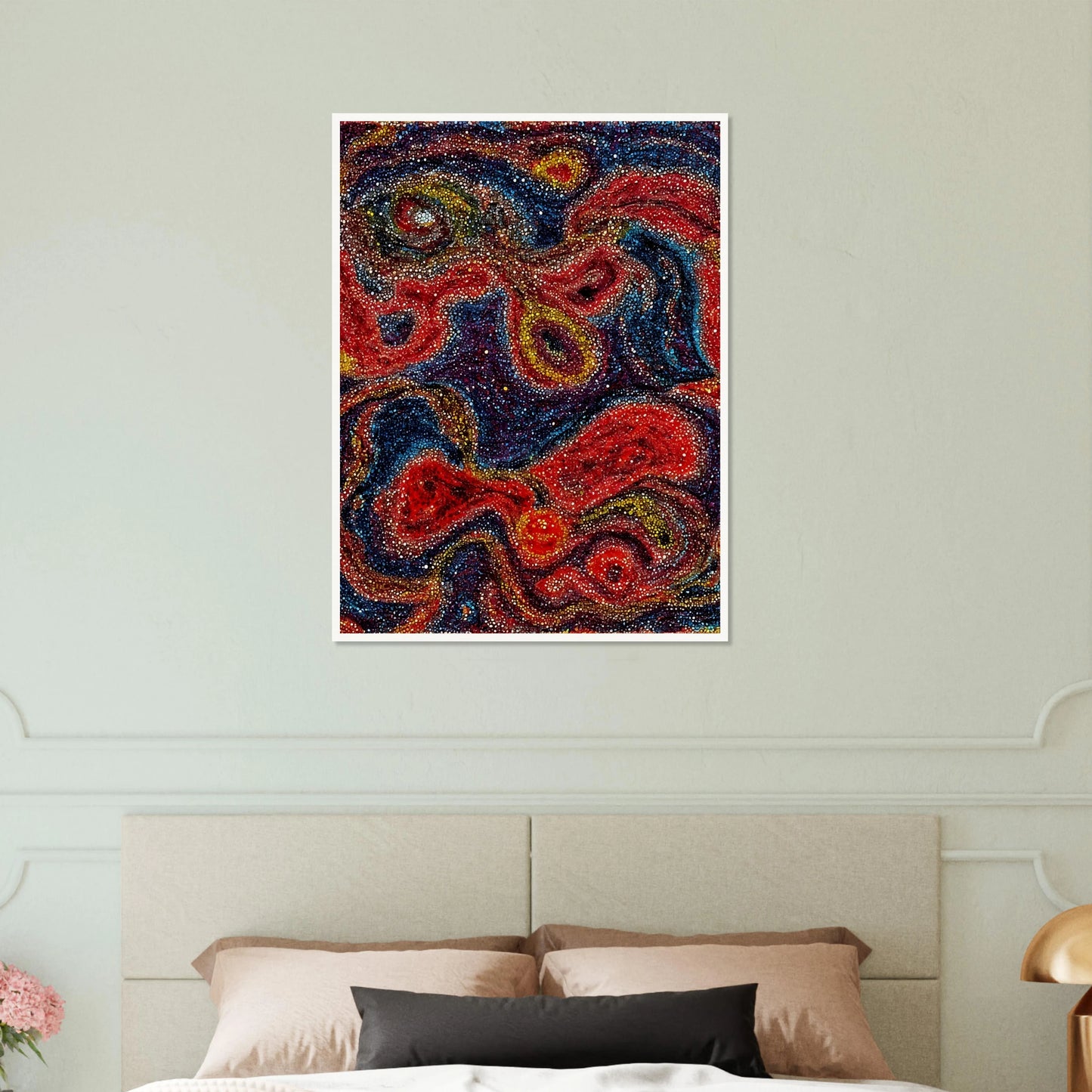 Swirling red, blue, and gold forms shimmer through dotted textures, evoking a radiant cosmic dance of color and energy.