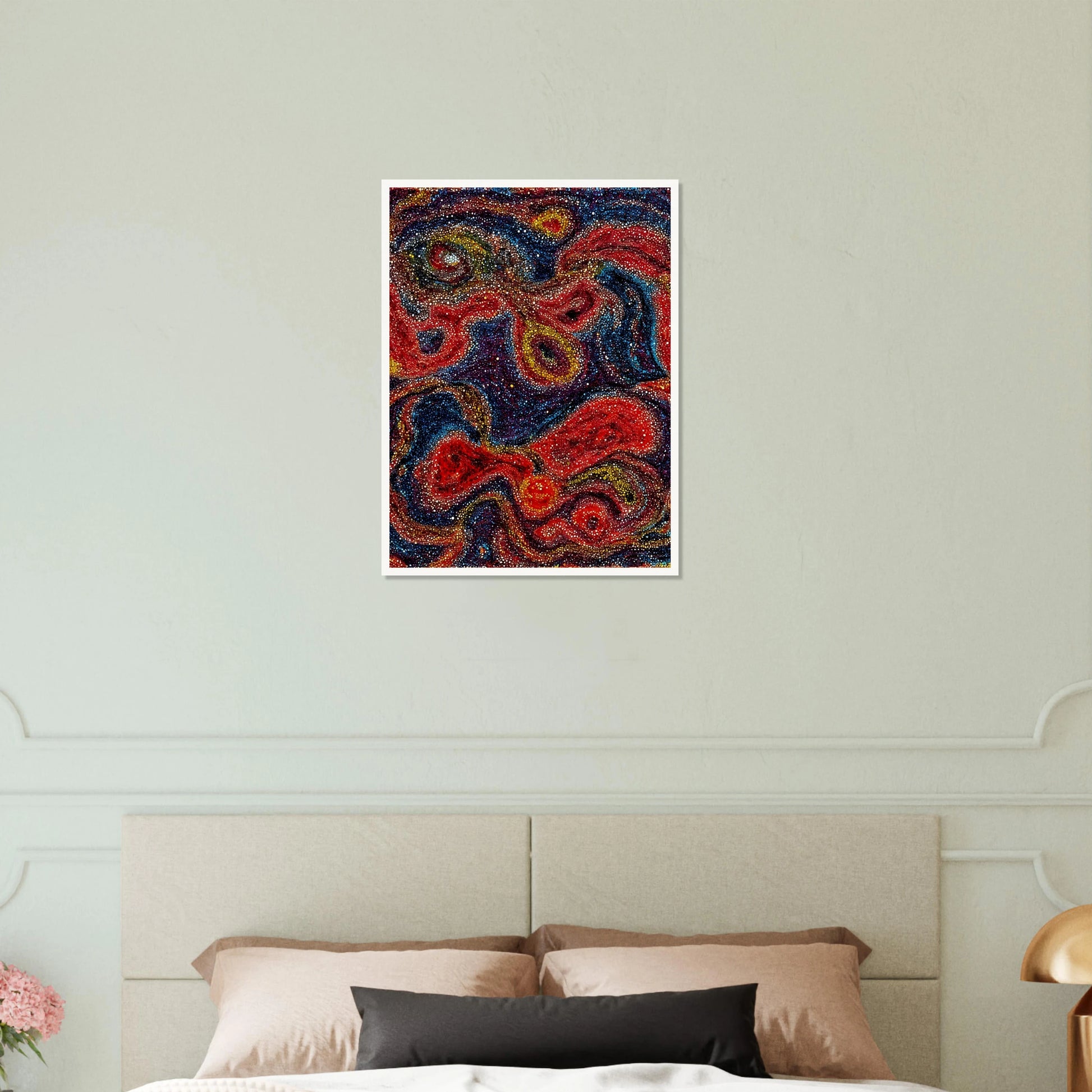 Swirling red, blue, and gold forms shimmer through dotted textures, evoking a radiant cosmic dance of color and energy.