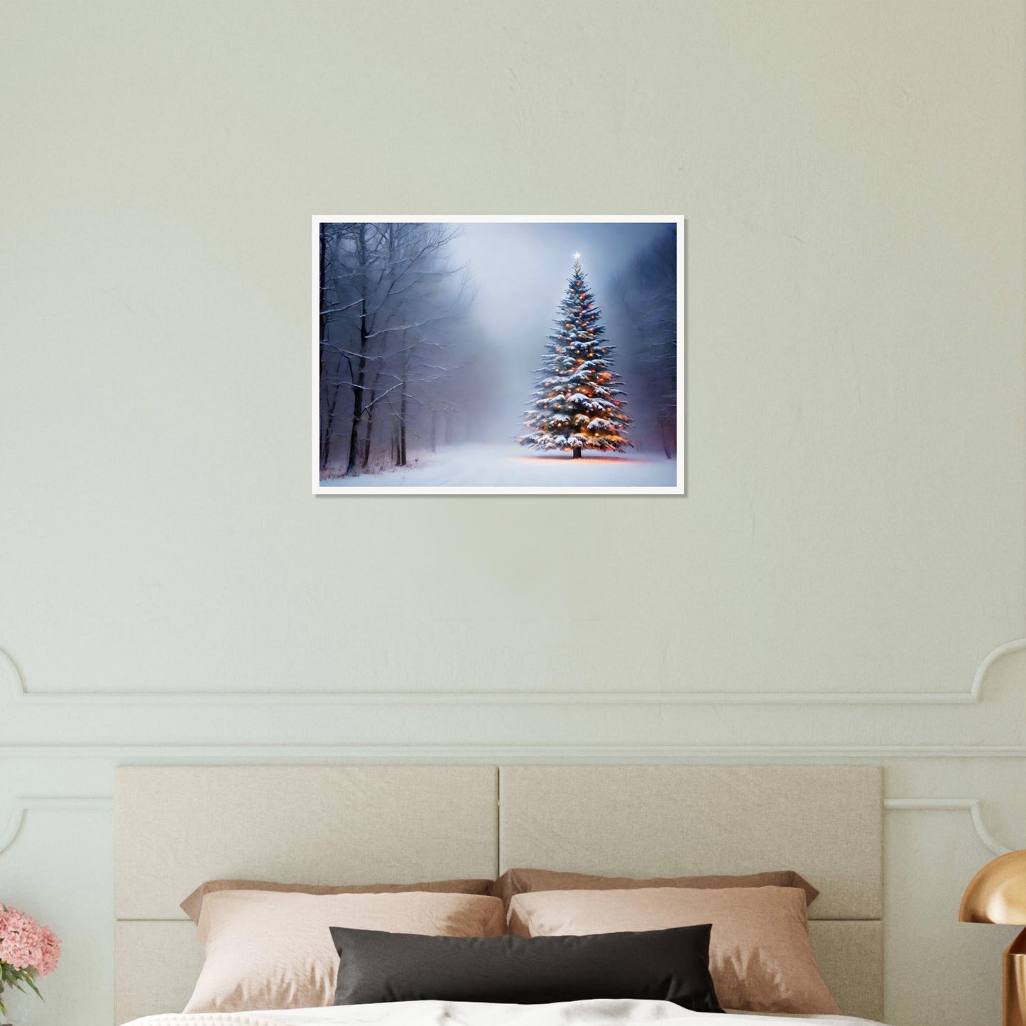 A snow-covered Christmas tree glowing with warm lights, standing alone in a misty winter forest, surrounded by frosted trees and soft light.

