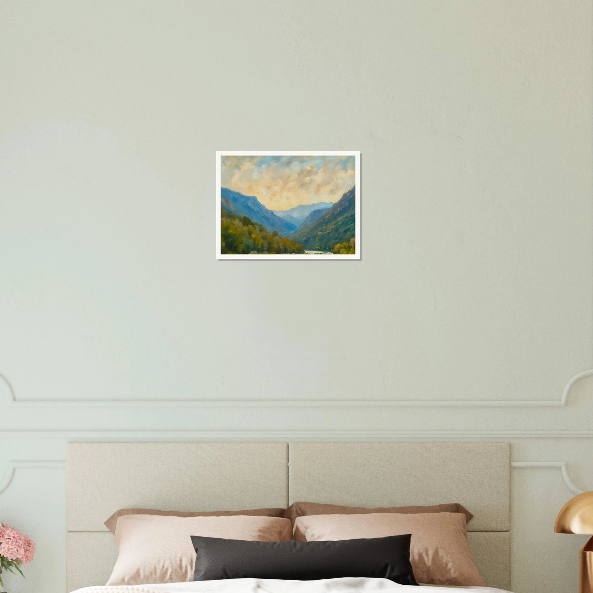 Peaceful mountain valley scene with layered blue ridges, autumn foliage, and a cloudy golden sky.