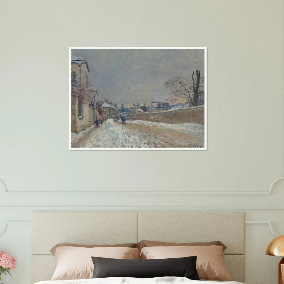 A snowy village road with figures, houses, bare trees, and soft gray winter sky.
