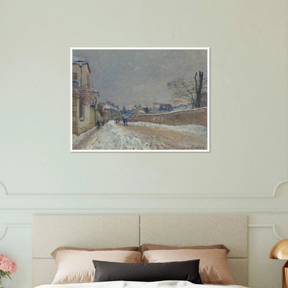 A snowy village road with figures, houses, bare trees, and soft gray winter sky.