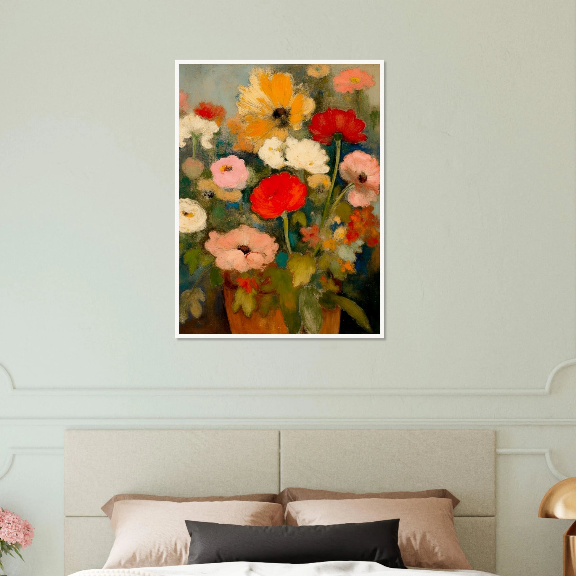 Red, pink, white, and yellow flowers rise from an earthen vase against a soft green-blue background.