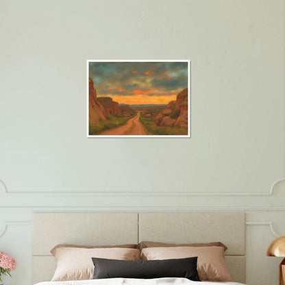 A winding dirt road cuts through rocky hills under a glowing sunset sky, evoking peace, wanderlust, and quiet reflection.