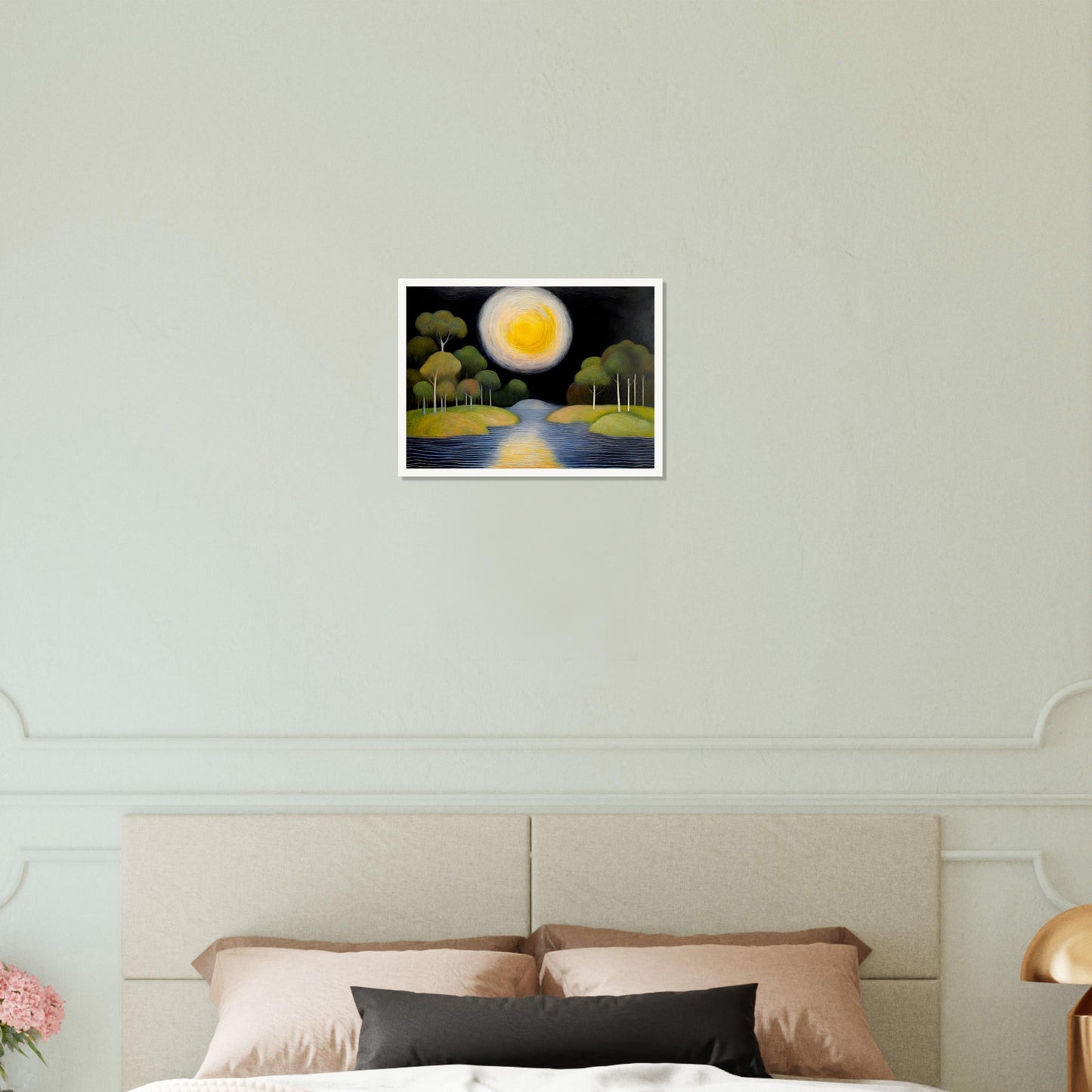 A dreamlike night scene featuring a glowing golden moon over a calm river, surrounded by lush green trees on rolling islands, reflecting a soft celestial light.