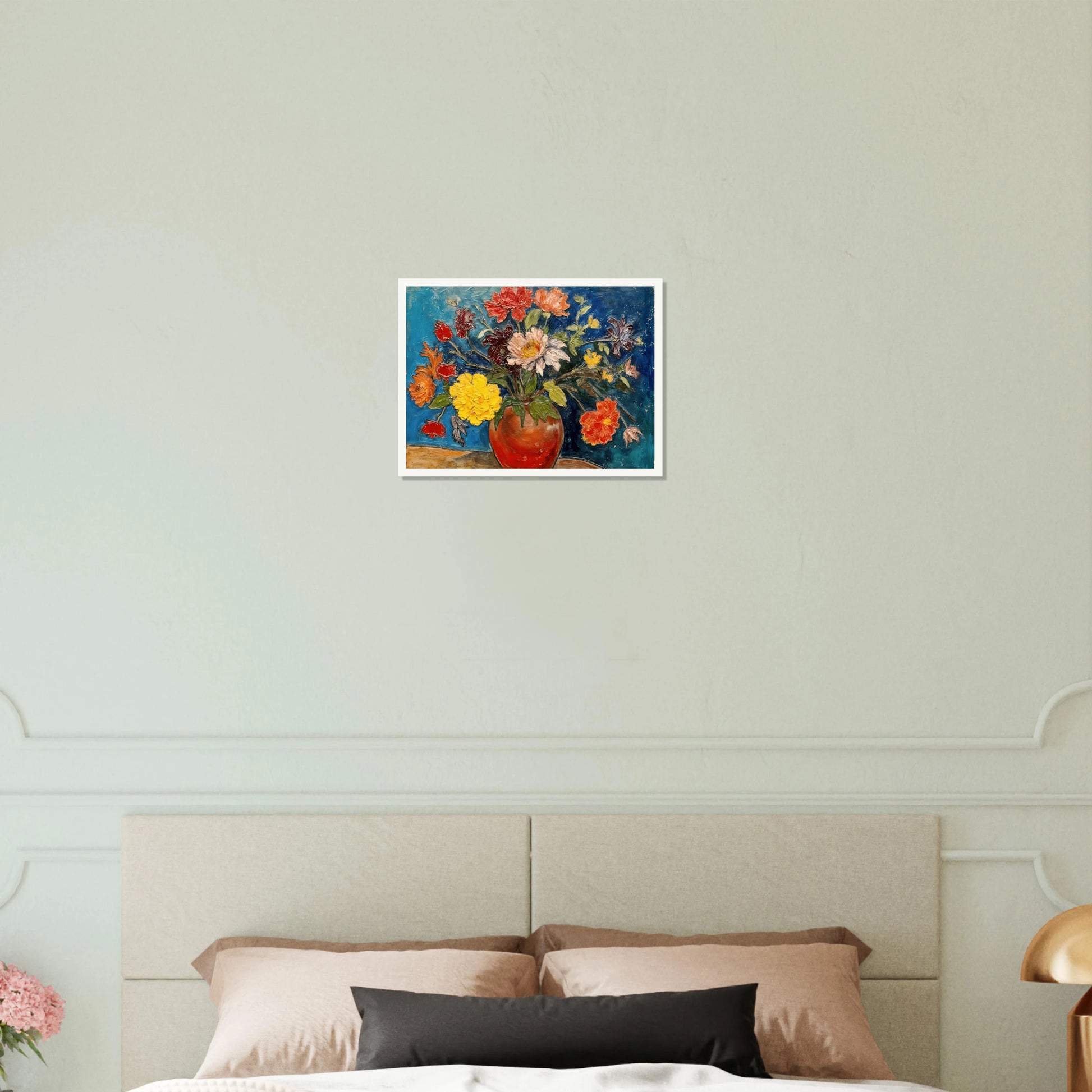 A vibrant floral still life featuring a red ceramic vase overflowing with colorful blossoms in shades of yellow, red, white, pink, and orange, set against a rich blue background.