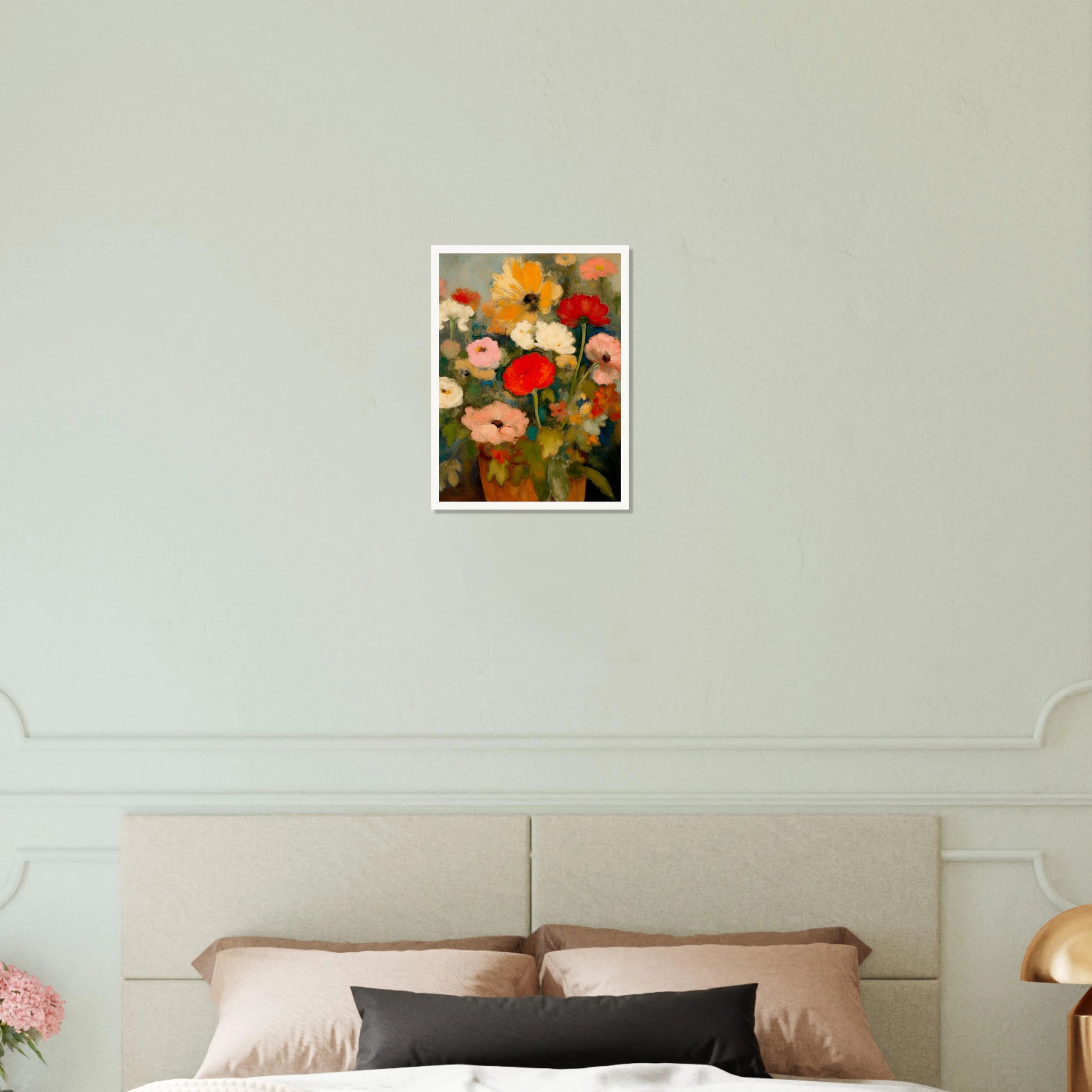 Red, pink, white, and yellow flowers rise from an earthen vase against a soft green-blue background.