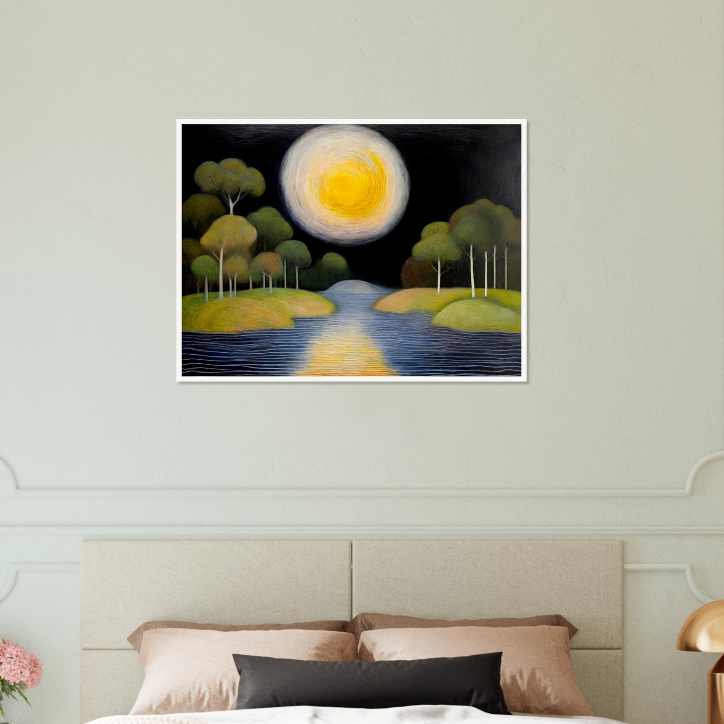 A dreamlike night scene featuring a glowing golden moon over a calm river, surrounded by lush green trees on rolling islands, reflecting a soft celestial light.