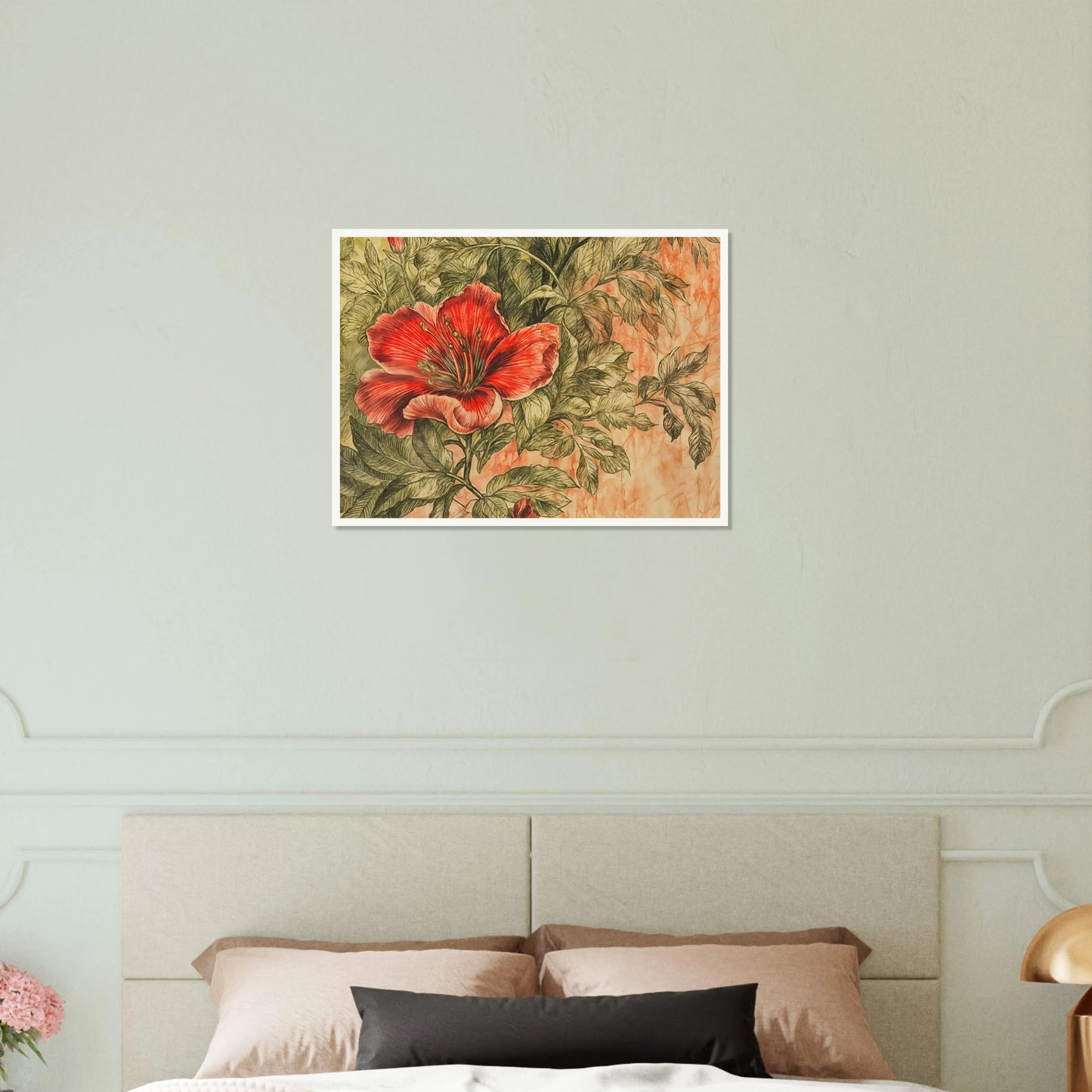 A richly detailed crimson flower blossoms among intricate green foliage against a soft peach-toned background.
