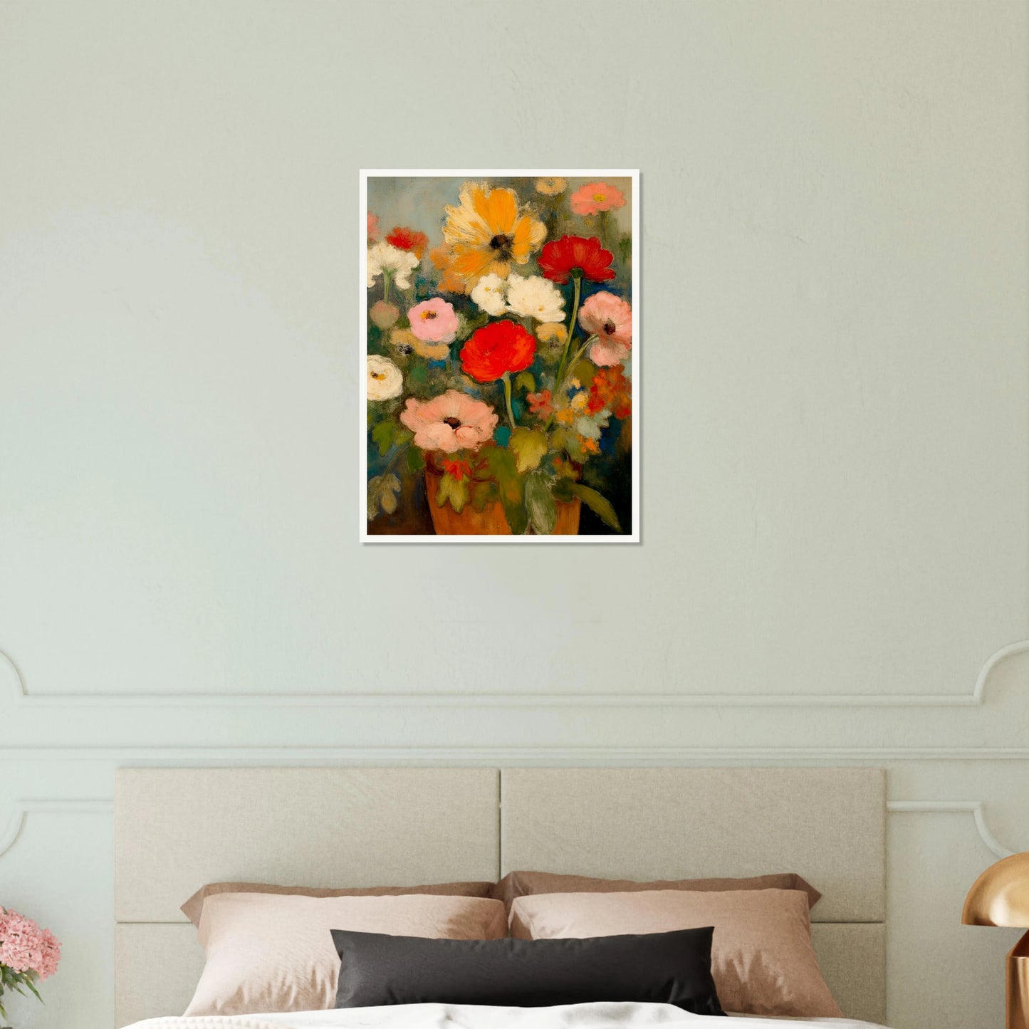 Red, pink, white, and yellow flowers rise from an earthen vase against a soft green-blue background.