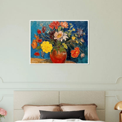 A vibrant floral still life featuring a red ceramic vase overflowing with colorful blossoms in shades of yellow, red, white, pink, and orange, set against a rich blue background.