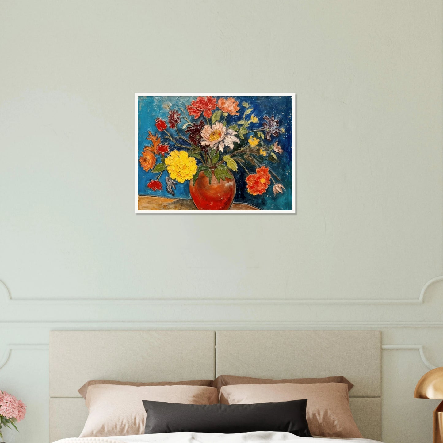 A vibrant floral still life featuring a red ceramic vase overflowing with colorful blossoms in shades of yellow, red, white, pink, and orange, set against a rich blue background.