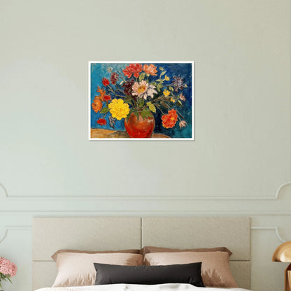 A vibrant floral still life featuring a red ceramic vase overflowing with colorful blossoms in shades of yellow, red, white, pink, and orange, set against a rich blue background.