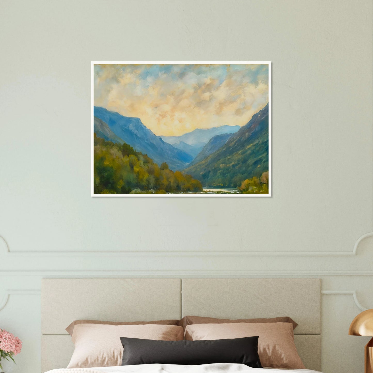 Peaceful mountain valley scene with layered blue ridges, autumn foliage, and a cloudy golden sky.