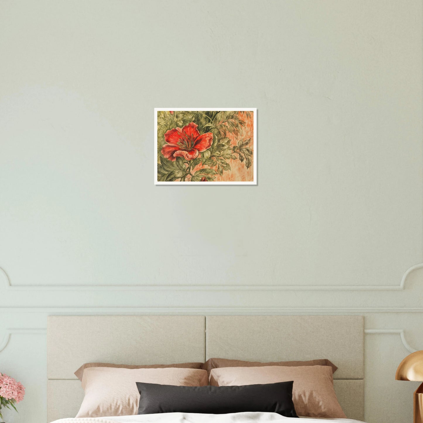 A richly detailed crimson flower blossoms among intricate green foliage against a soft peach-toned background.