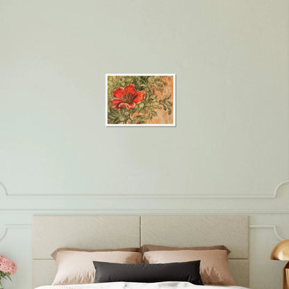 A richly detailed crimson flower blossoms among intricate green foliage against a soft peach-toned background.