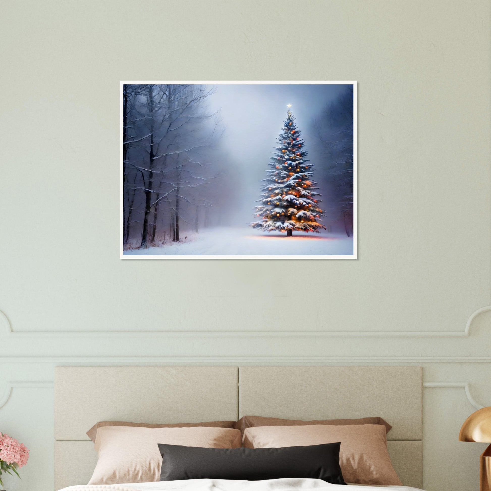 A snow-covered Christmas tree glowing with warm lights, standing alone in a misty winter forest, surrounded by frosted trees and soft light.

