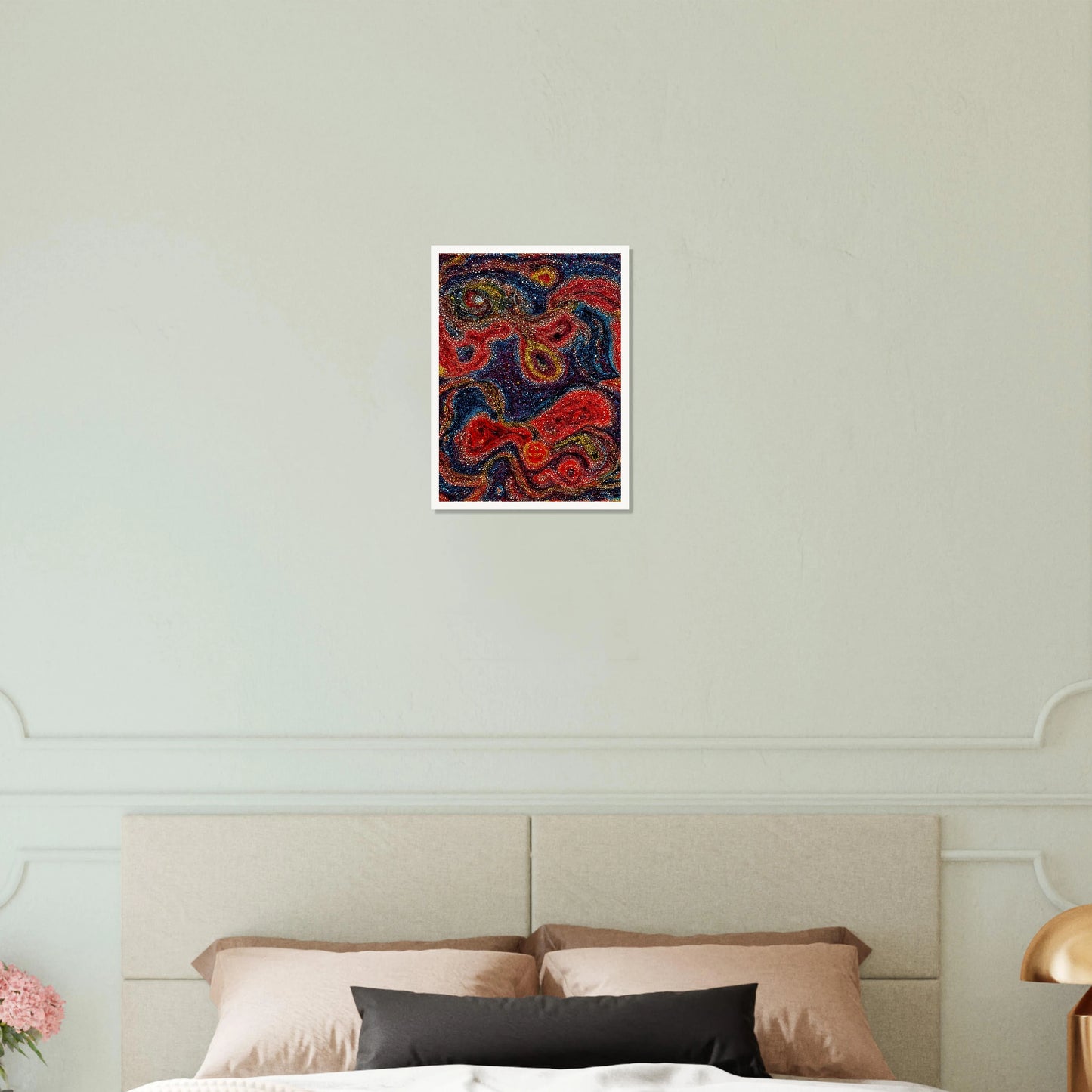 Swirling red, blue, and gold forms shimmer through dotted textures, evoking a radiant cosmic dance of color and energy.