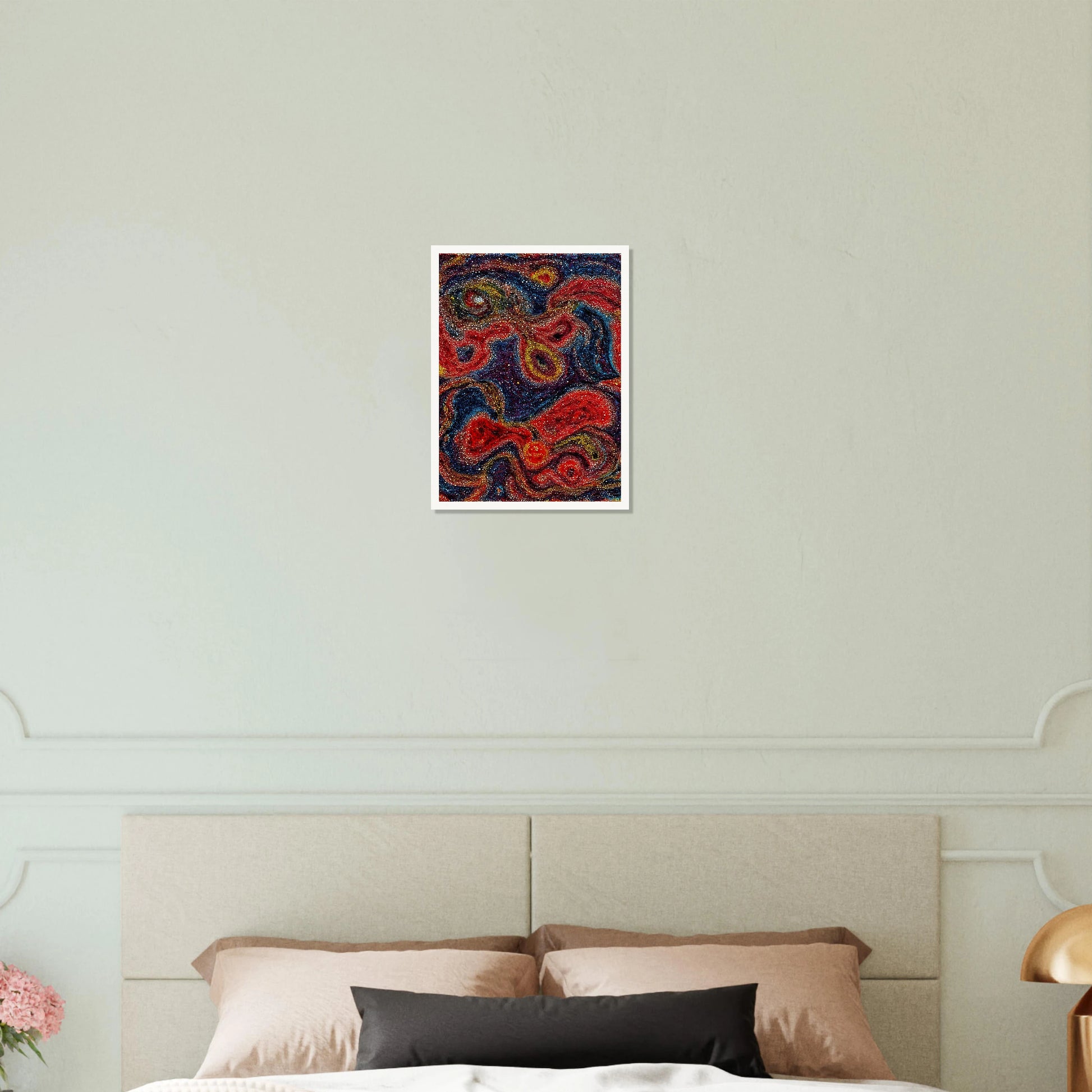Swirling red, blue, and gold forms shimmer through dotted textures, evoking a radiant cosmic dance of color and energy.