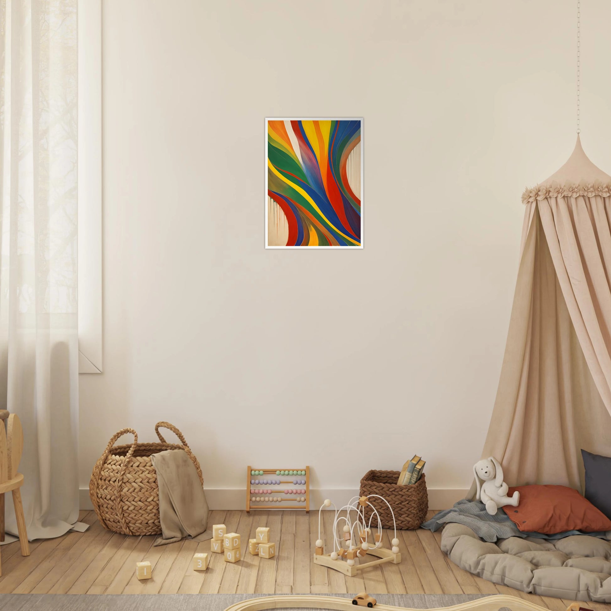 Vibrant painting with flowing, multicolored ribbons in red, blue, green, and yellow sweeping across a neutral background.