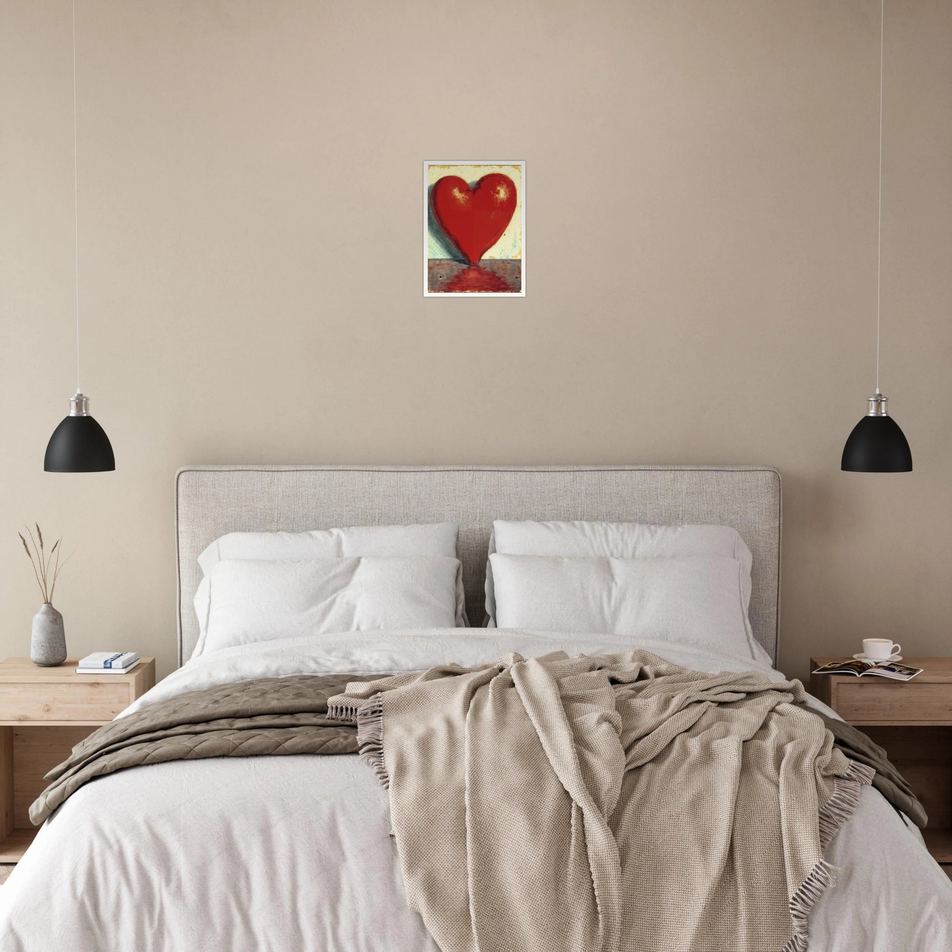 Bold crimson heart form stands luminous against a soft textured backdrop, reflecting warmth, passion, and emotional depth.