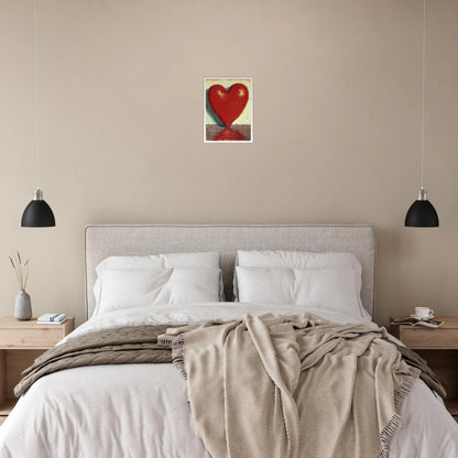 Bold crimson heart form stands luminous against a soft textured backdrop, reflecting warmth, passion, and emotional depth.