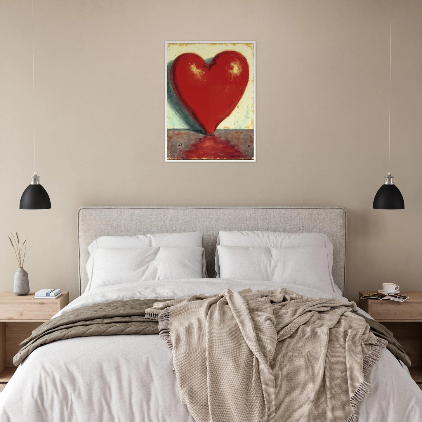 Bold crimson heart form stands luminous against a soft textured backdrop, reflecting warmth, passion, and emotional depth.