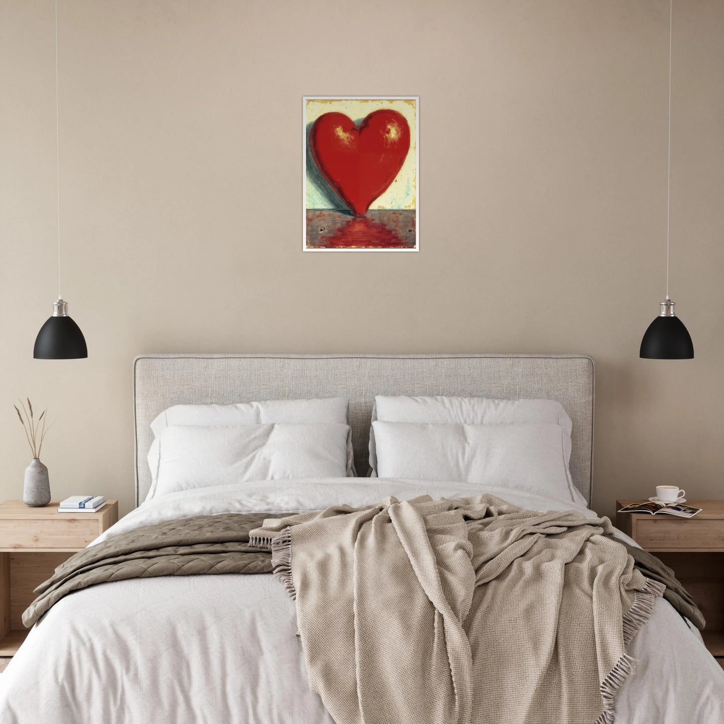 Bold crimson heart form stands luminous against a soft textured backdrop, reflecting warmth, passion, and emotional depth.