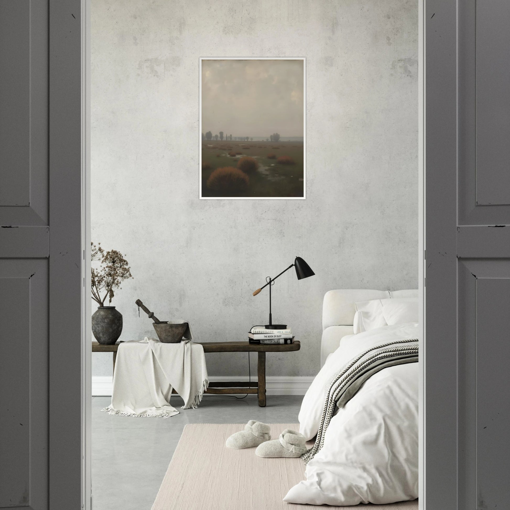 A misty field with distant trees under a pale sky, capturing the quiet stillness of a fog-laden morning.